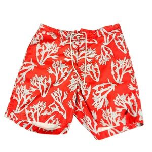 Nautica Swim Trunks sz M Men Hawaiian Aloha Red White Floral Coral Tropical 32x7